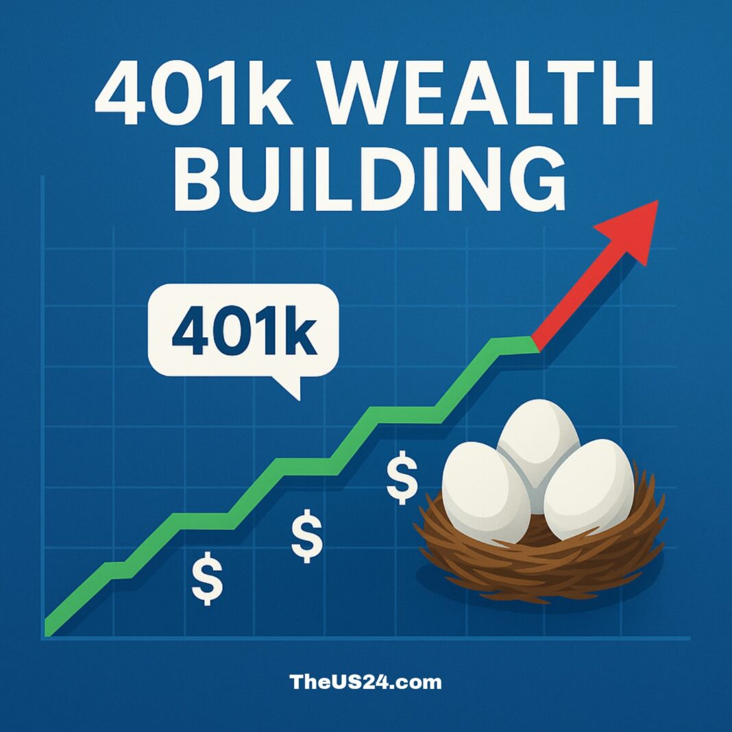401k in USA compound interest chart showing retirement savings growth with stock market graph and dollar signs