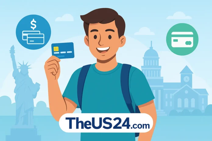 Best Student Credit Cards in the USA Happy American college student holding a credit card with U.S. landmarks in background and TheUS24.com branding