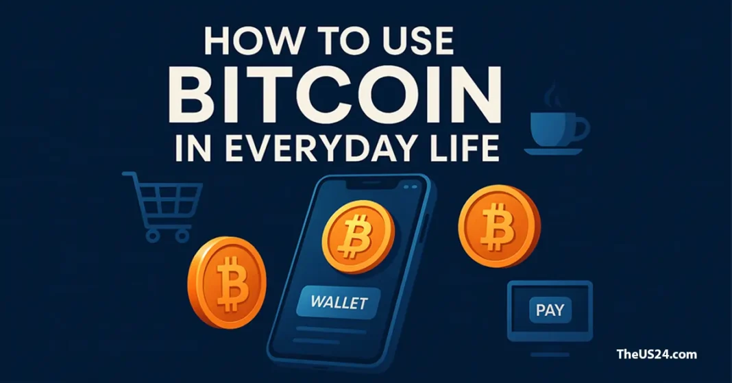Digital illustration of a smartphone displaying a Bitcoin wallet, surrounded by icons of daily activities like shopping and online payments, with a blockchain-inspired background.