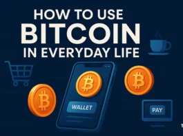 Digital illustration of a smartphone displaying a Bitcoin wallet, surrounded by icons of daily activities like shopping and online payments, with a blockchain-inspired background.