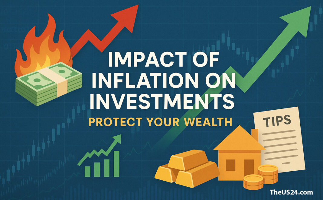 Modern financial graphic showing money stacks with rising inflation arrow, equities chart, real estate, and gold bars, symbolizing strategies to beat inflation.