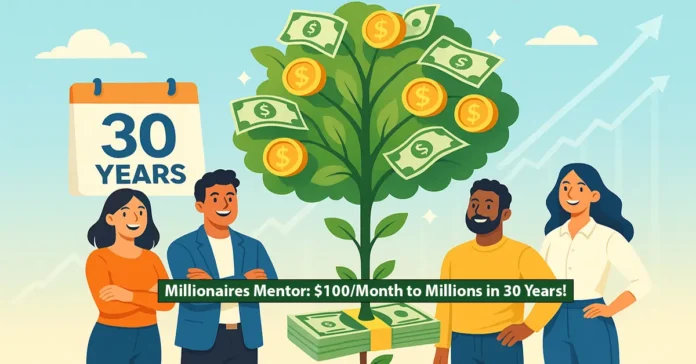 A vibrant digital illustration of a glowing piggy bank overflowing with gold coins and dollar bills, surrounded by upward-trending stock market graphs and a futuristic city skyline, symbolizing wealth growth from small investments.