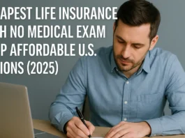 A man filling out a life insurance form, highlighting affordable no medical exam policies in the USA (2025)