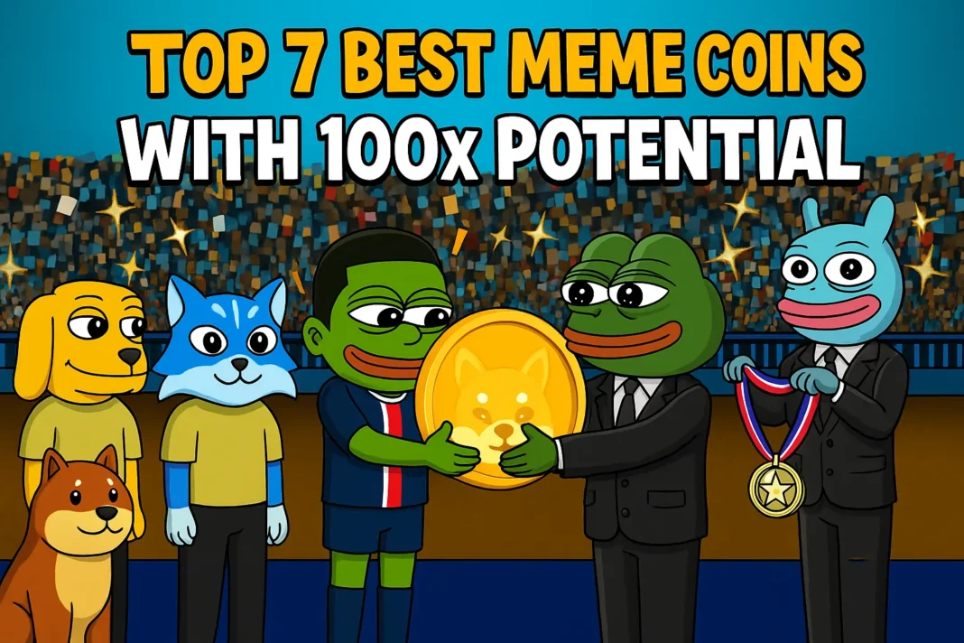 Cartoon-style crypto mascots presenting meme coins with 100x growth potential in a stadium setting