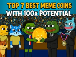 Cartoon-style crypto mascots presenting meme coins with 100x growth potential in a stadium setting